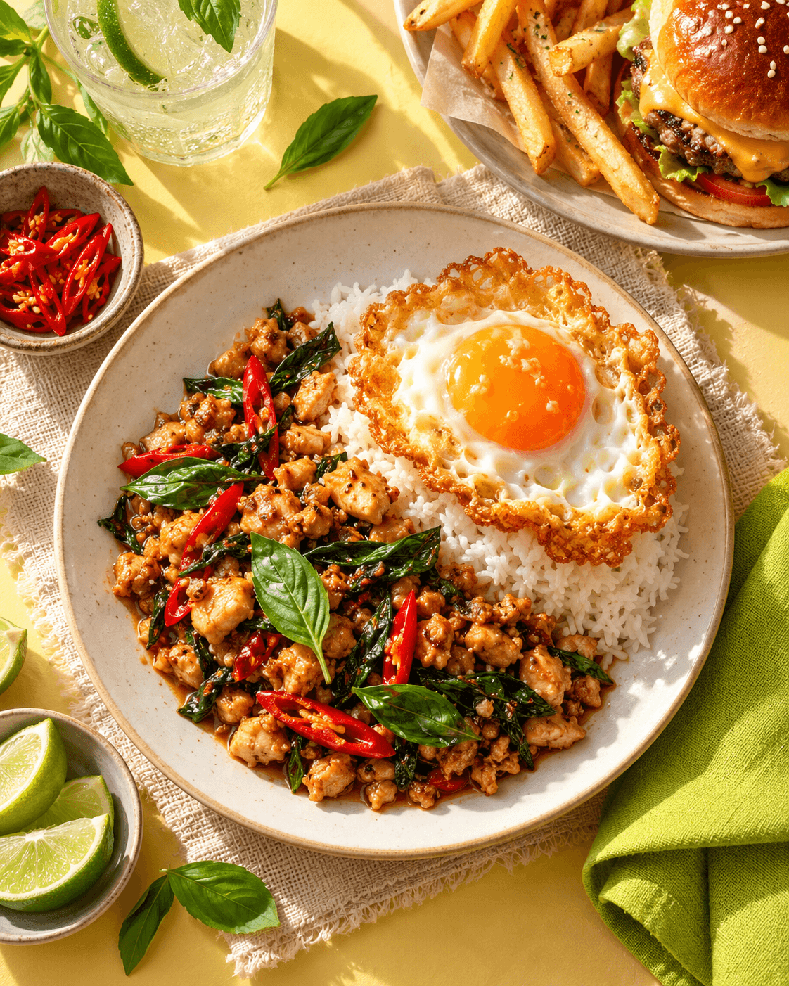 Illustrative basil chicken, crispy fried egg, burger and lime soda